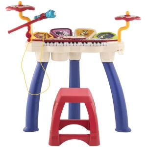 Qaba 2 in 1 Kinder Klavier Trommel Set mit Geräuschen, Tastatur, Lichtern, Mikrofon, Hocker