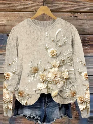 Vintage-Stil Pullover - mit Rundhalsausschnitt Blumenmuster